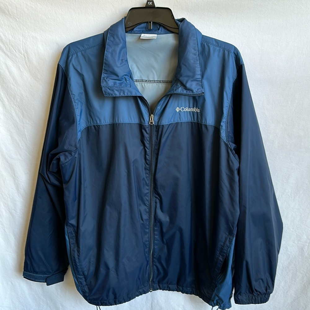 Columbia men's navy Raincreek Falls waterproof hidden hood rain jacket, size 1X